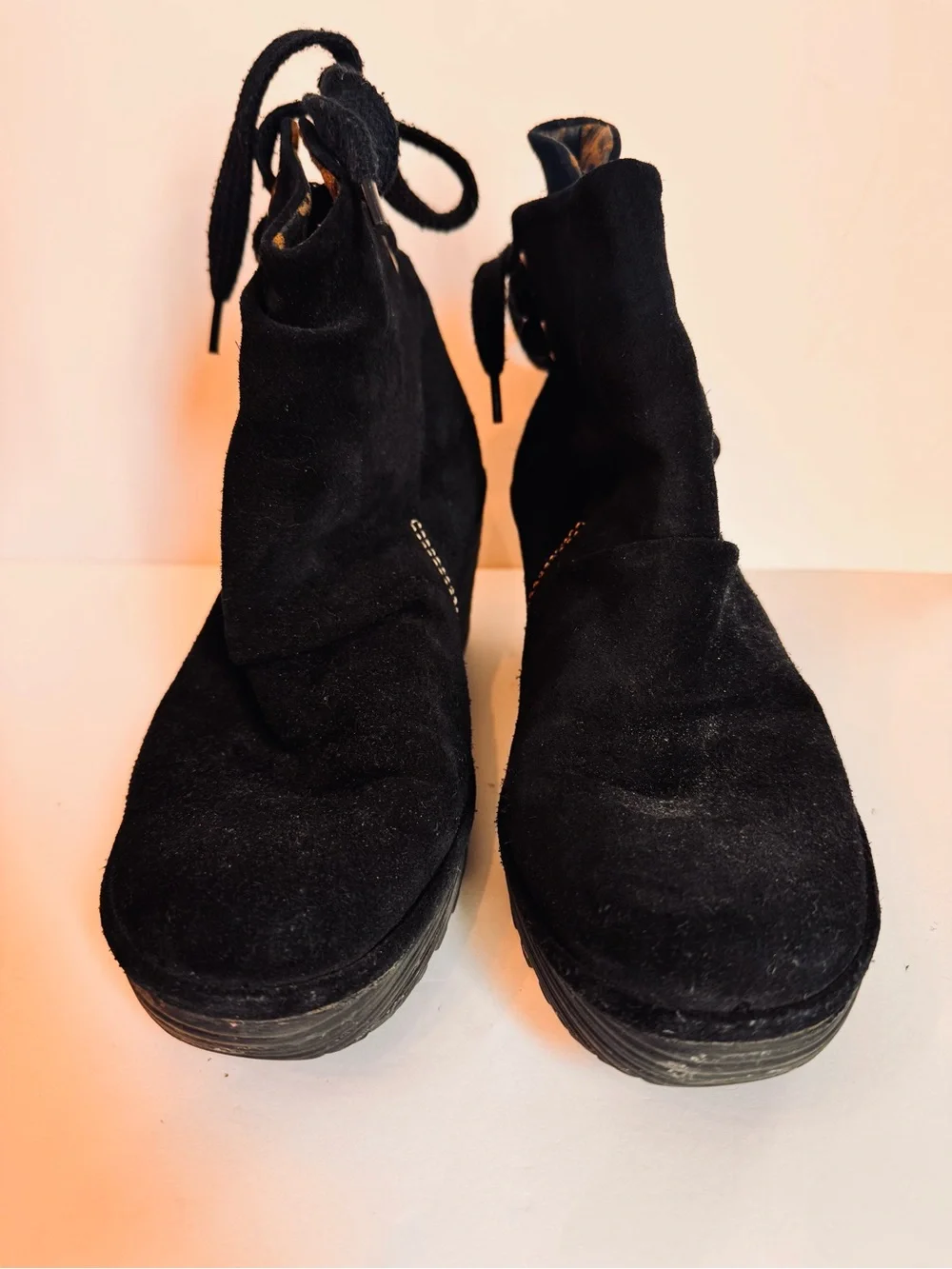 Fly London Black Suede Wedge Ankle Booties with Back Tie